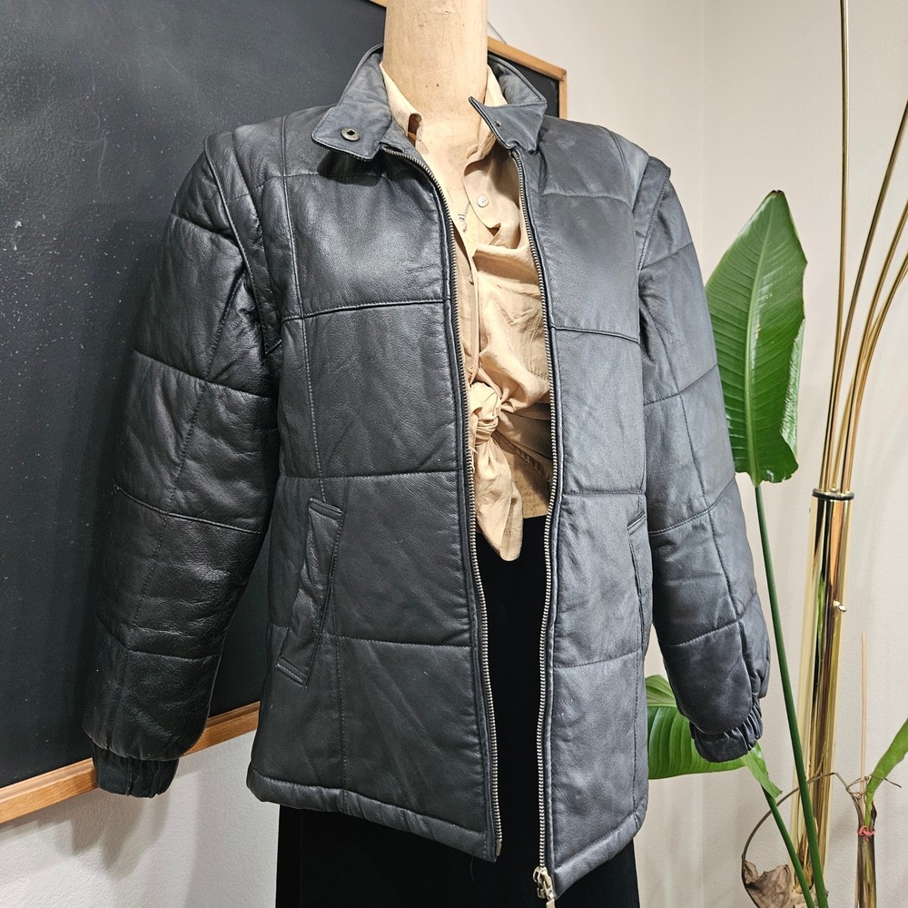 Fitzwright Black Leather Quilted Puffer Jacket Zip Off Sleeves Vest Mens Medium
